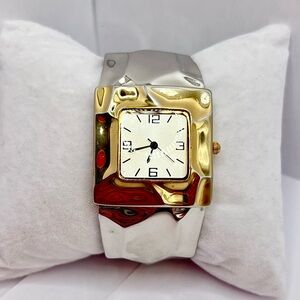 Vintage Two Tone Cuff Bangle Watch Gold Silver Japan Quartz Statement